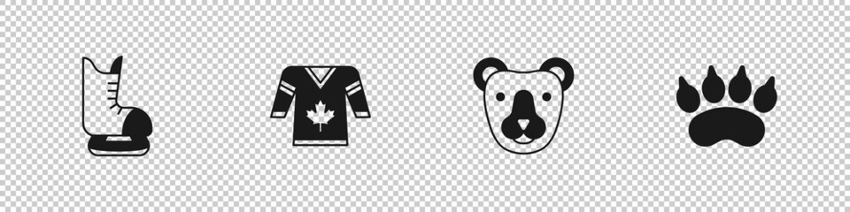 Set Skates, Hockey jersey, Bear head and paw footprint icon. Vector