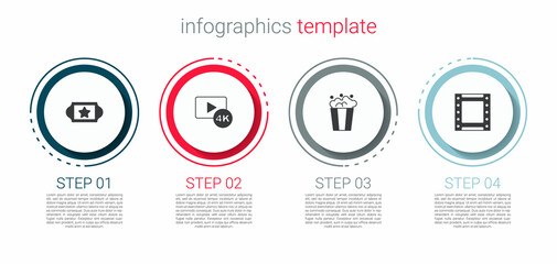 Set Cinema ticket, Screen tv with 4k, Popcorn cardboard box and Play video. Business infographic template. Vector