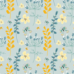 Seamless retro floral pattern.Orange, yellow flowers, butterflies on a light gray-turquoise background.