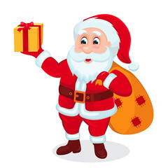 Vector illustration of Santa Claus. Cute Santa Claus cartoon icon illustration. Happy smiling chubby Santa standing holding a gift box with bow and a bag with presents. Christmas winter holi