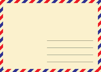 Airmail envelope. Old yellow postcard with diagonal stripes in red and blue color.  Vector illustration template with empty address space.