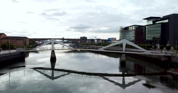 Glasgow, Scotland, UK May 15 2021: 4k Aerial drone shots of Glasgow financial district and river clyde