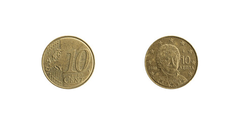 10 Euro cent coin from Greece coined in 2008. Obverse and reverse.