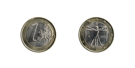 1 Euro coin from Italy with the Vitruvian Man by Leonardo Da Vinci, coined in 2010. Obverse and...