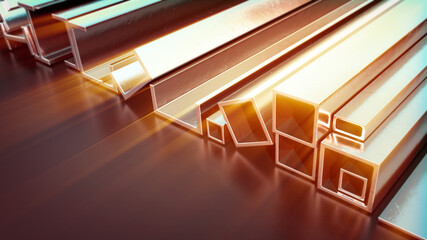 glowing rolled metal and reinforcing bar - conceptual industrial 3D illustration