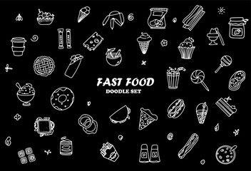 Doodle food set of fast-food products. Hand-drawn sweets, desserts, snacks, popcorn, American food and English breakfast. A big set of cartoon food illustrations.