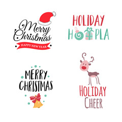 Set of four Christmas logotype or insignia. Cute cartoon Christmas tree. Vector