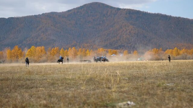National traditional horseback game of Asian people - Buzkashi, kokpar or kupkari. Male riders on horses play match game in teams. Altai highland valley, steppes on background. Ulak tartysh polo sport