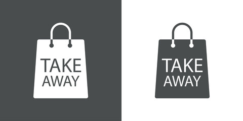 Logotipo con texto Take Away en silueta de bolsa de la compra en fondo gris y fondo blanco