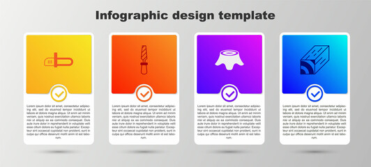 Set Chainsaw, Rasp metal file, Tree stump and Wooden beam. Business infographic template. Vector