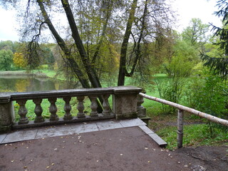 Viewpoint balustrade in autumn park: river view