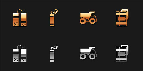 Set Mine entrance, Dynamite, Mining dump truck and icon. Vector