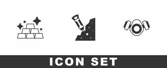 Set Gold bars, Construction jackhammer and Gas mask icon. Vector