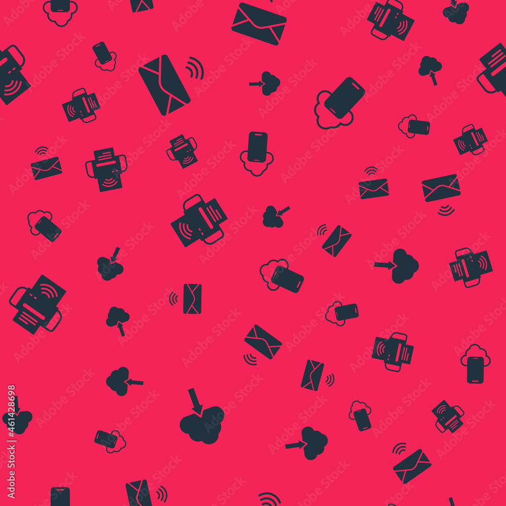 Aufkleber set cloud upload, mail and e-mail, smart printer system and technology data on seamless pattern. vec