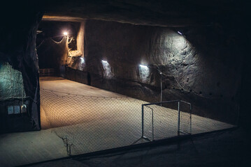 Football field in undergrounds of salt mine in Cacica village, Romania