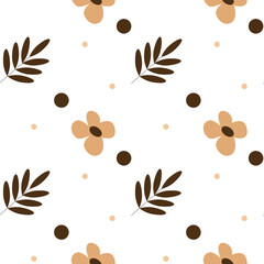 Vector autumn seamless pattern with brown leaves, flowers and herbs in Scandinavian style for fabrics, paper, textile, gift wrap isolated on white background