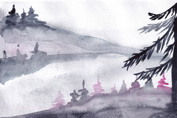 Watercolor blurred landscape with fir and foggy mountains in gray and pink colors. Watercolor mist background