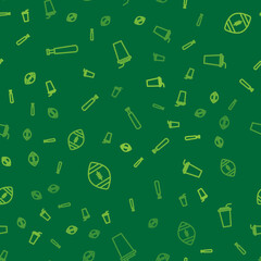 Set line Baseball bat, American Football and Paper glass with straw on seamless pattern. Vector