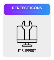 IT support thin line icon, wrench on screen. Modern vector illustration for technical repair.