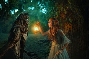 Fantasy woman elf walks in night forest, holding lantern in hands. Girl is hunted by dark fairy...