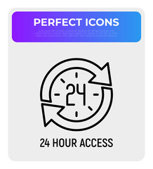 24 hour access thin line icon, clock in arrows. Modern vector illustration of day and night service.