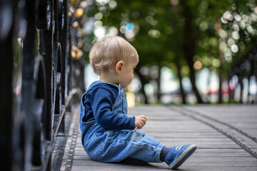 Little blond haired boy sitting in the nature