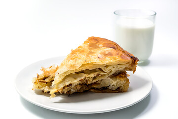 Burek Traditional Pie With Meat Served On The Plate with Yogurt. Traditional Balkan breakfast. Isolated on white background