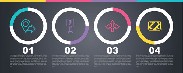 Set line Location, Parking, Road traffic sign and City map navigation. Business infographic template. Vector