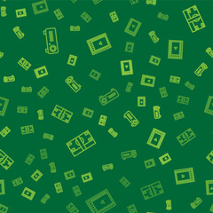 Fototapeta premium Set line Movie, film, media projector, Stacks paper money cash and Online play video on seamless pattern. Vector