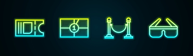 Set line Cinema ticket, Old film movie countdown frame, Rope barrier and 3D cinema glasses. Glowing neon icon. Vector