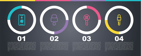 Set line Mobile with fingerprint scan, Lock and key, Wrong and Locked. Business infographic template. Vector