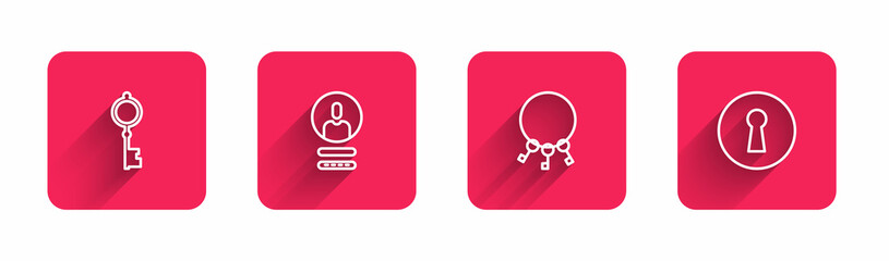 Set line Old key, Create account screen, Bunch of keys and Keyhole with long shadow. Red square button. Vector