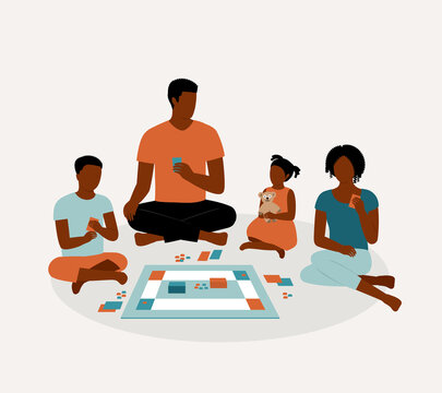 Black Family With Two Children Playing Board Games Together.