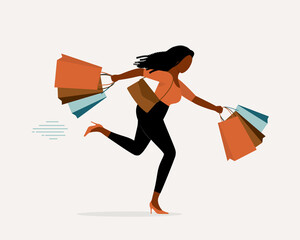Shopaholic Black Woman With Shopping Bags Running After A Big Sale.