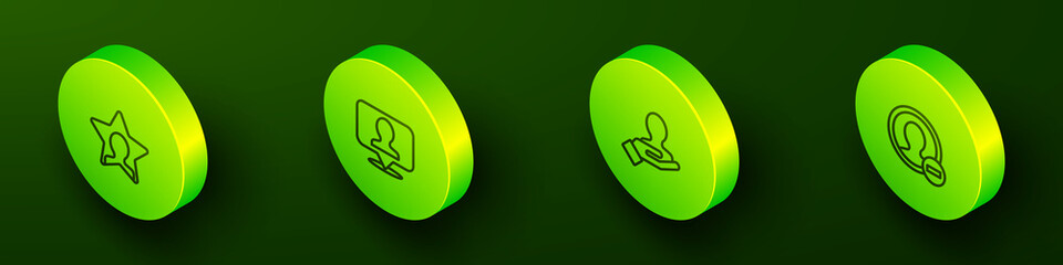 Set Isometric line Head hunting, Location with person, Hand for search people and Create account screen icon. Vector