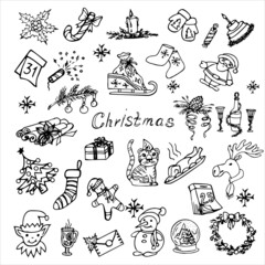 Christmas set isolated on a white background.Symbols of the New year and Christmas, a Christmas tree, a sled, a turkey.santa,bump,snowman,deer,cinnamon,gifts...Doodle illustrations.Vector.