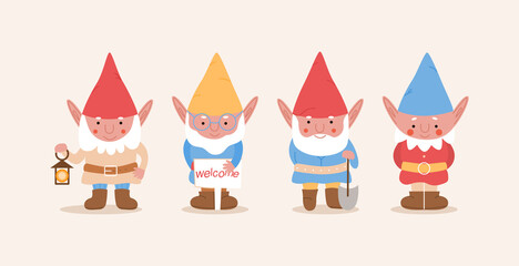 Cute little gnomes.Collection of garder gnomes. Set of fairy tale characters. Cartoon vector illustration