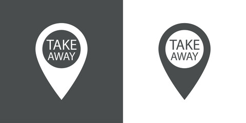 Logotipo con texto Take Away en silueta de puntero de posición en fondo gris y fondo blanco