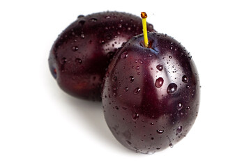 Plum with drops isolated on white background. Plum fruit
