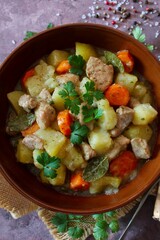 Meat stewed with vegetables in a bowl. Top view with copy space.
