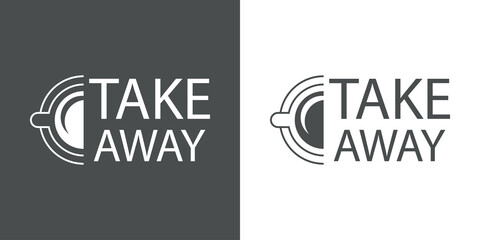 Logotipo con texto Take Away en silueta de taza de café con lineas en fondo gris y fondo blanco