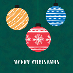 Bright Merry Christmas card. Hand-painted Christmas tree balls on a textured green background. Merry Christmas hand-sketched lettering.