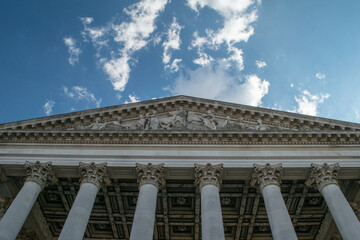 Facade of Greek style entrance of museum in Cambridge