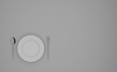 Empty white plate with fork and knife on table. Top view. Grey background. Copy space for text.