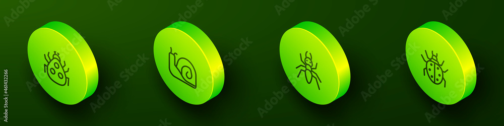 Sticker Set Isometric line Ladybug, Snail, Ant and Mite icon. Vector