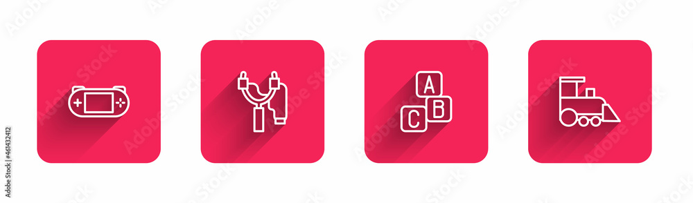 Poster set line portable video game console, slingshot, abc blocks and toy train with long shadow. red squa