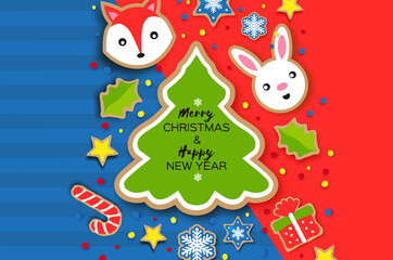 Fototapeta na wymiar Happy New Year and Merry Christmas Greeting card. Christmas gingerbread paper cut style. Animals. Deer, Fox, Rabbit. Christmas tree frame. Winter holidays.
