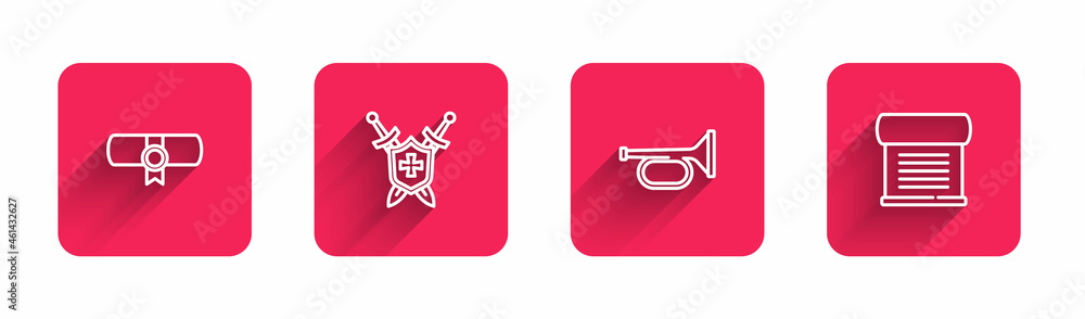 Poster set line decree, parchment, scroll, medieval shield with swords, trumpet and with long shadow. red s