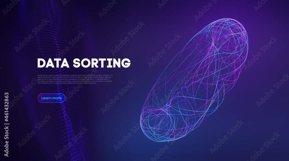 Poster data sorting information infographic. data funnel ai network. technology blockchain background conce