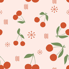 Seamless pattern with cherry fruit on pink background vector.